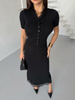 Женский Нежный Черный Костюм Двойка с Кружевом - Топ на Пуговицах + Юбка Миди