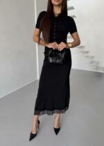 Женский Нежный Черный Костюм Двойка с Кружевом - Топ на Пуговицах + Юбка Миди