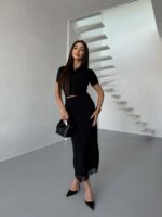 Женский Нежный Черный Костюм Двойка с Кружевом - Топ на Пуговицах + Юбка Миди