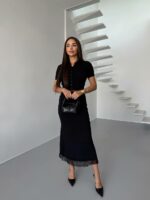 Женский Нежный Черный Костюм Двойка с Кружевом - Топ на Пуговицах + Юбка Миди