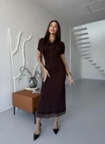 Женский Нежный Коричневый Костюм Двойка с Кружевом - Топ на Пуговицах + Юбка Миди