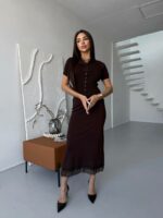 Женский Нежный Коричневый Костюм Двойка с Кружевом - Топ на Пуговицах + Юбка Миди