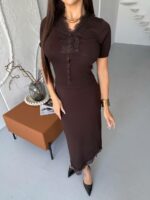 Женский Нежный Коричневый Костюм Двойка с Кружевом - Топ на Пуговицах + Юбка Миди