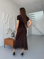 Женский Нежный Коричневый Костюм Двойка с Кружевом - Топ на Пуговицах + Юбка Миди