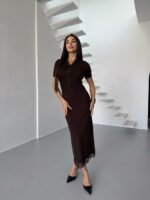 Женский Нежный Коричневый Костюм Двойка с Кружевом - Топ на Пуговицах + Юбка Миди