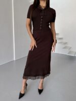 Женский Нежный Коричневый Костюм Двойка с Кружевом - Топ на Пуговицах + Юбка Миди