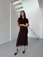 Женский Нежный Коричневый Костюм Двойка с Кружевом - Топ на Пуговицах + Юбка Миди