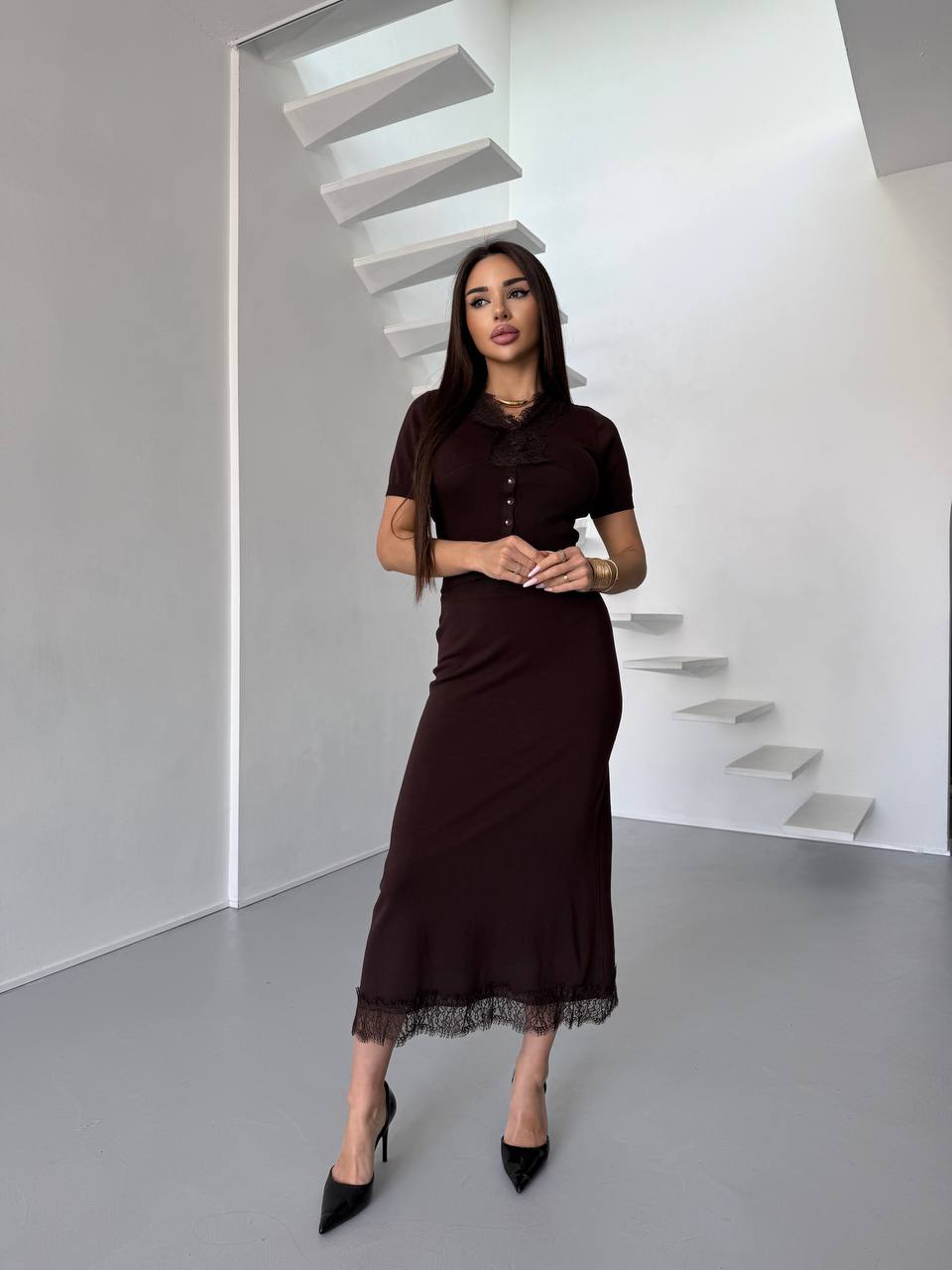 photo_2026-02-27_08-58-59 Женский Нежный Коричневый Костюм Двойка с Кружевом - Топ на Пуговицах + Юбка Миди