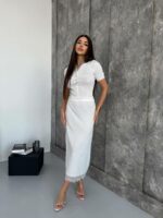 Женский Нежный Белый Костюм Двойка с Кружевом - Топ на Пуговицах + Юбка Миди