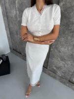 Женский Нежный Белый Костюм Двойка с Кружевом - Топ на Пуговицах + Юбка Миди