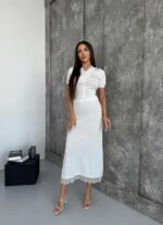 Женский Нежный Белый Костюм Двойка с Кружевом - Топ на Пуговицах + Юбка Миди