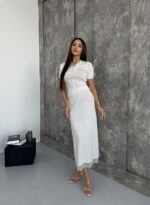 Женский Нежный Белый Костюм Двойка с Кружевом - Топ на Пуговицах + Юбка Миди