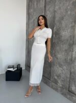 Женский Нежный Белый Костюм Двойка с Кружевом - Топ на Пуговицах + Юбка Миди