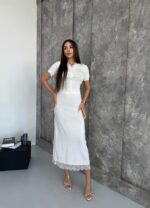 Женский Нежный Белый Костюм Двойка с Кружевом - Топ на Пуговицах + Юбка Миди