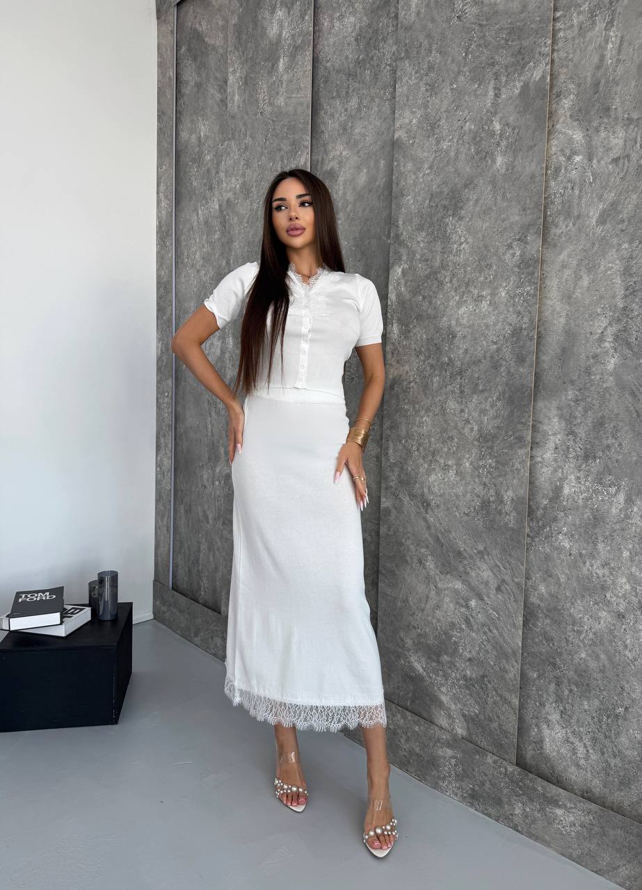 photo_2026-02-27_08-59-12 Женский Нежный Белый Костюм Двойка с Кружевом - Топ на Пуговицах + Юбка Миди