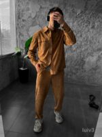 Мужской Бежевый Свободный Вельветовый Костюм - Рубашка на Кнопках + Брюки