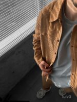 Мужской Бежевый Свободный Вельветовый Костюм - Рубашка на Кнопках + Брюки