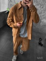 Мужской Бежевый Свободный Вельветовый Костюм - Рубашка на Кнопках + Брюки