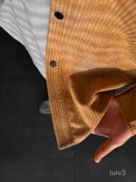 Мужской Бежевый Свободный Вельветовый Костюм - Рубашка на Кнопках + Брюки