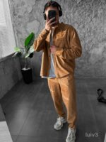 Мужской Бежевый Свободный Вельветовый Костюм - Рубашка на Кнопках + Брюки