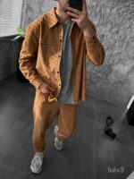 Мужской Бежевый Свободный Вельветовый Костюм - Рубашка на Кнопках + Брюки