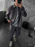 Мужской Графитовый Свободный Вельветовый Костюм - Рубашка на Кнопках + Брюки