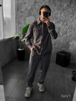 Мужской Графитовый Свободный Вельветовый Костюм - Рубашка на Кнопках + Брюки