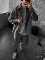 Мужской Графитовый Свободный Вельветовый Костюм - Рубашка на Кнопках + Брюки