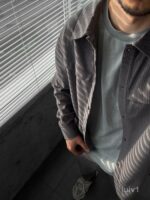 Мужской Графитовый Свободный Вельветовый Костюм - Рубашка на Кнопках + Брюки