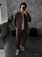 Мужской Коричневый Свободный Вельветовый Костюм - Рубашка на Кнопках + Брюки