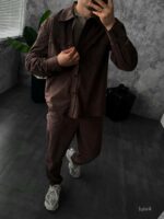 Мужской Коричневый Свободный Вельветовый Костюм - Рубашка на Кнопках + Брюки