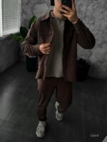 Мужской Коричневый Свободный Вельветовый Костюм - Рубашка на Кнопках + Брюки