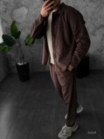 Мужской Коричневый Свободный Вельветовый Костюм - Рубашка на Кнопках + Брюки