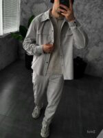 Мужской Серый Свободный Вельветовый Костюм - Рубашка на Кнопках + Брюки