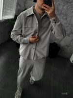 Мужской Серый Свободный Вельветовый Костюм - Рубашка на Кнопках + Брюки