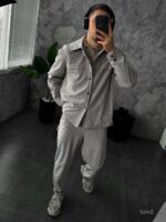 Мужской Серый Свободный Вельветовый Костюм - Рубашка на Кнопках + Брюки