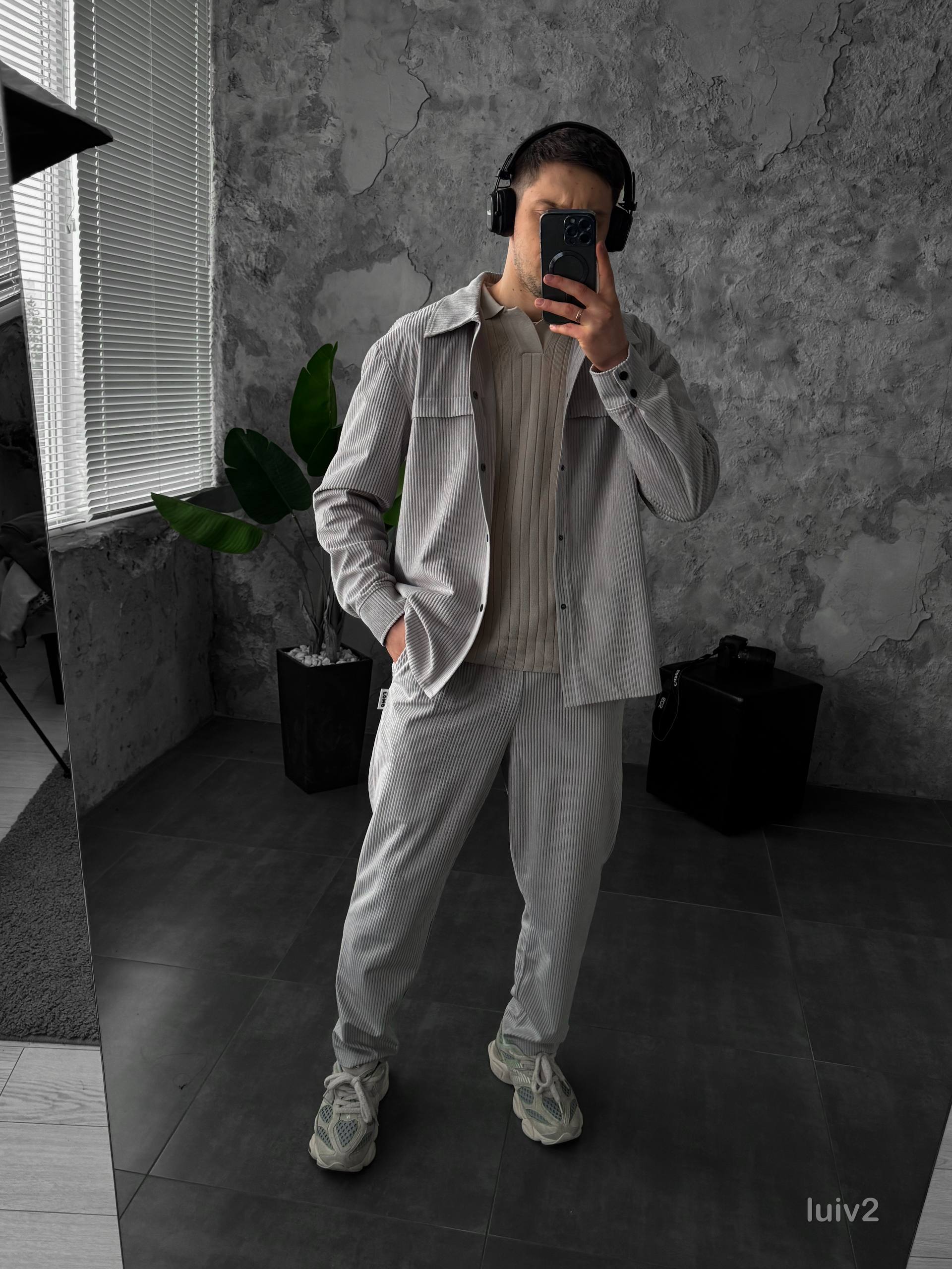 photo_2026-02-27_09-35-31 Мужской Серый Свободный Вельветовый Костюм - Рубашка на Кнопках + Брюки