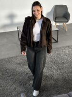 Женская Демисезонная Замшевая Коричневая Куртка Бомбер на Молнии