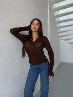 Женская Приталенная Полупрозрачная Коричневая Кофта на Пуговицах с Кружевом