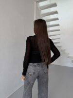 Женская Приталенная Полупрозрачная Черная Кофта на Пуговицах с Кружевом