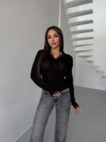 Женская Приталенная Полупрозрачная Черная Кофта на Пуговицах с Кружевом