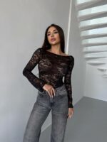 Женская Гипюровая Кружевная Черная Кофта Лонгслив