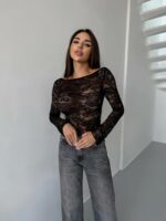 Женская Гипюровая Кружевная Черная Кофта Лонгслив