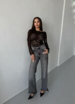 Женская Гипюровая Кружевная Черная Кофта Лонгслив