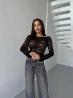 Женская Гипюровая Кружевная Черная Кофта Лонгслив