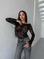 Женская Гипюровая Кружевная Черная Кофта Лонгслив