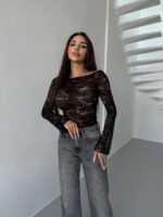 Женская Гипюровая Кружевная Черная Кофта Лонгслив