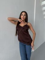 Женский Асимметричный Коричневый Топ на Бретелях с Гипюровыми Вставками