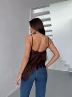 Женский Асимметричный Коричневый Топ на Бретелях с Гипюровыми Вставками