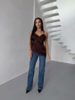 Женский Асимметричный Коричневый Топ на Бретелях с Гипюровыми Вставками